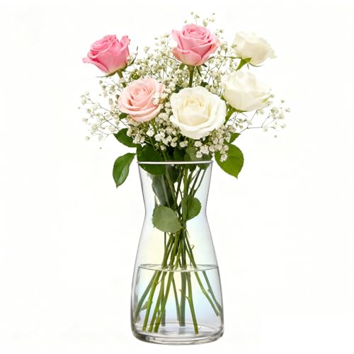 Iridescent Glass Vase 8 Inch, Round Borosilicate Clear Glass Flower Vase, Modern Boho Style Centerpiece Vase for Home Kitchen Wedding, Housewarming - color: Iridescent