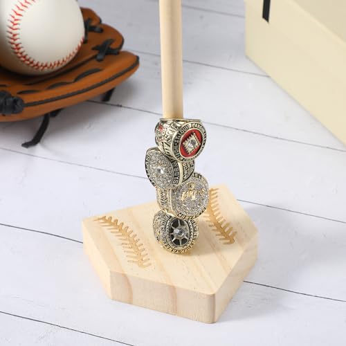 Beeveer 2 Sets Baseball Wooden Ring Holder 10 Inches Softball Ring Display Stand Stacked Storage Organizer Christmas Birthday Gift for Dad Grandpa - color: Natural Color