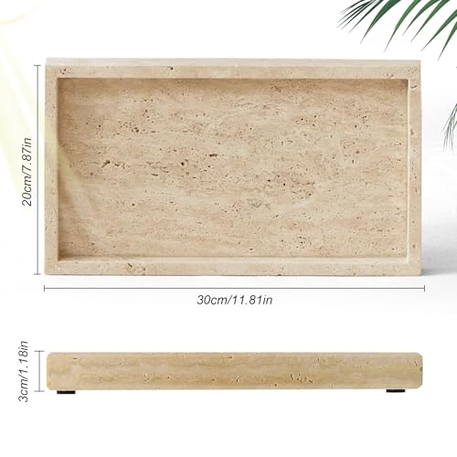 Natural Marble Tray, Stone Tray for Bedroom/Bathroom/Kitchen/Vanity Countertop, Jewelry Tray for Rings Earrings Necklace Bracelet Watch, Room Decor Aesthetic - color: Beige Travertine, size: 11.8" x 7.9" x 1.2"