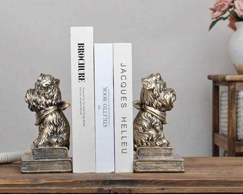 Vintage Antique Gold Dog Bookends,Decorative Book Ends for Shelves,Creative Resin Schnauzer Statues Book Holders for Desk Home Office Bookshelf Decoration,Gifts for Dog Enthusiasts - color: Gold