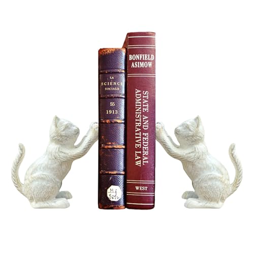 Book Ends Decorative for Shelves, Cute Cat Decor Bookends for Home/Office, Cast Iron Heavy Duty Book End for Heavy Books, Unique Adorable Kittens Door Stoppers, Vintage White 2PCS - color: Vintage White