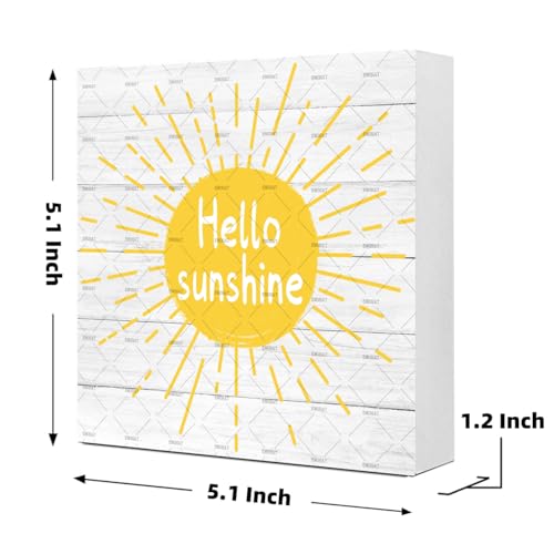 Hello Sunshine Summer Wood Box Sign Daisy Decor, EMOHAT Wooden Sign Desk Decor, Home Living Room Farmhouse Shelf Table Decoration 5.1x5.1 inch - color: Hello Sunshine