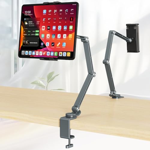 Houele Tablet Stand Holder, Adjustable Foldable Tablet Arm iPad Desk Mount with 360°Rotate Base, Phone Holder iPad Stand for Desk and Bed, Compatible with Tablets, Phones or Other 4-15.6" Device - color: Grey