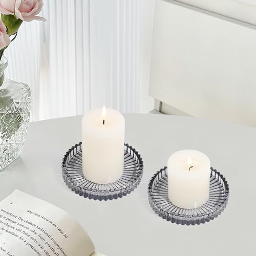 Vixdonos 3.8 Inch Glass Pillar Candle Holder Set Pack 2 Gear Round Plate Serrated Candle Stand for Table Centerpieces,Party, Wedding and Home Decor - color: Gray
