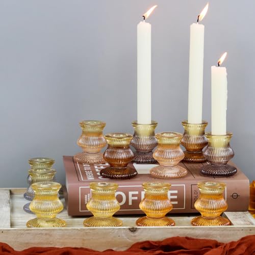 WDHODEC Orange Candlestick Candle Holders 12PCS Glass Taper Candle Holders for Table Centerpiece Colorful Gradient Candle Sticks for Wedding, Party and Festival Decoration - color: Gradient & Orange