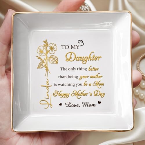 Personalized Birth Month Flower Jewelry Dish, To My Daughter Trinket Tray, Mothers Day Birthday Gifts for Daughter, Custom Floral Name Ring Dish For Wedding, Ring Holder - color: To My Daughter