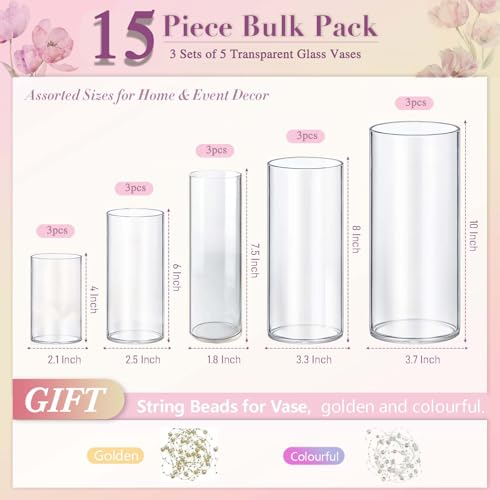 15pcs Cylinder Vases for Centerpieces Small Flower Glass Vases Clear Vase Home Decor Centerpiece Table Flower Vase Decorations for Wedding Decoration＆Holiday Mixed Sizes Tall - size: 15Pack-4+6+7.5+8+10Inches
