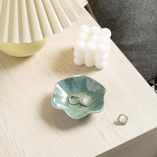 Ceramic Ring Dish, Jewelry Dish Holder, Small Trinket Tray Plate for Earrings Rings Necklaces Keys, Gift for Mom Friend Sister on Birthday Mother's Day Christmas (Cyan Surface) - color: Cyan Surface