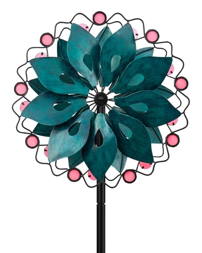 Wind Spinners Outdoor - Metal Garden Wind Spinner with Stake, Windmill for Yard, Gift for Family, 13'' W x 70.5'' H - color: Peacock Blue