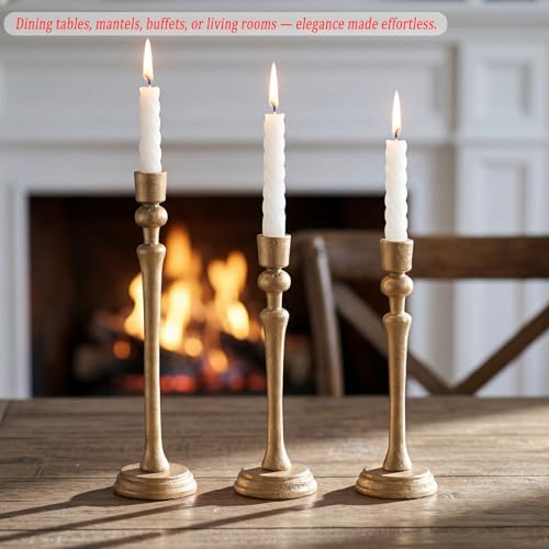 Gold Candlestick Holders Set of 3, Heavy Cast Iron Candle Holder for Table Centerpiece, Antique Brass Finish - color: Antiqued Gold 5