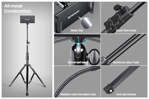 elitehood Metal iPad Tripod Stand & Adjustable 72’’ Gooseneck Tablet Floor Stand Holder, Heavy Duty Aluminum iPad Floor Stand for Pro 12.9 11, Mini, Air, iPhone and 4.7-12.9" Tablets Cell Phones - size: 4.7–13" · Side Clamp