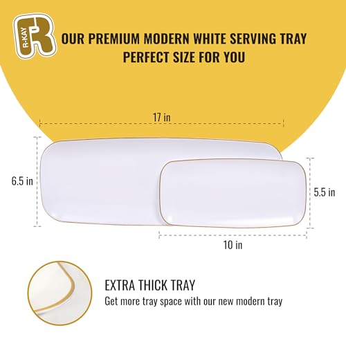 R-kay 4 Pack Gold Rim Plastic Serving Trays - 10 by 5.5 in Heavy Duty Rectangular Platters for Food and Desserts - Premium White Party Trays - color: White And Gold, size: 10 Inch