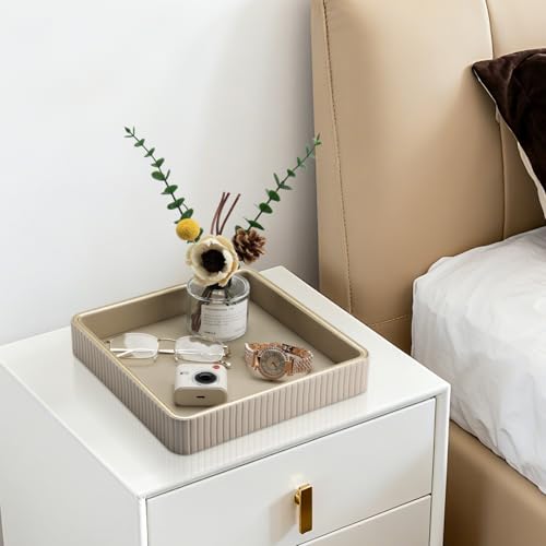 GORESE Square Perfume Tray Nightstand Organizer, PU Leather Purse Bowl Jewelry Trays for Dresser, Trinket Dish Catchall Bowl for Keys, Decorative Vanity Tray, Gift for Women, Beige(9.3'' × 9.3'') - color: Beige