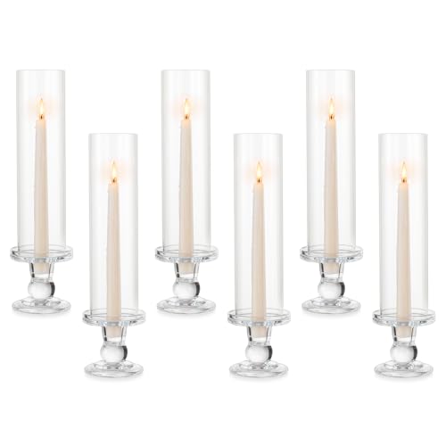 Hurricane Glass Taper Candle Holder: 6Pcs Tall Hurricane Candle Holder for Home Clear Tapered Candlestick Holders with Open Ended Sleeve Glass Candle Stick Holder for Table Centerpieces - size: S - 6 Pcs