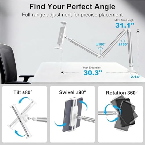 iPad Holder for Desk, Adjustable Tablet Arm iPad Desk Mount with C-Clamp, 30" Foldable Long Arm & 360° Rotation, Fits 4.7"–15.6" iPad Pro/Air/Mini, Phones & 15.6" Portable Monitors for Desk Use, White - color: White