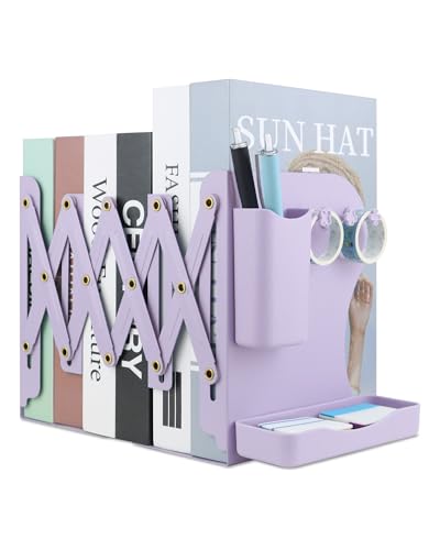Heavy Duty Bookends Adjustable Book End, Desk Book Holder for Shelves, Book Organizer for Desk, Suitable for Office Home School (19.69 inches Max) (Purple) - color: Purple