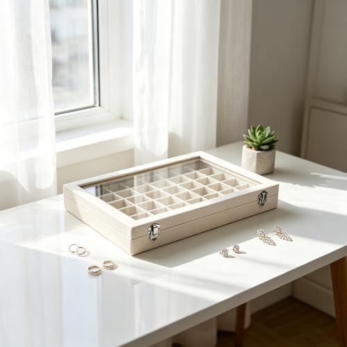Stratalife Jewelry Organizer 48 Grid Jewelry Trays with Dust-proof Lid Velvet Earring Organizer Ring Holder Accessories Box Necklaces Earrings Storage for Women Drawers Cream - color: Beige, size: 48 Grid