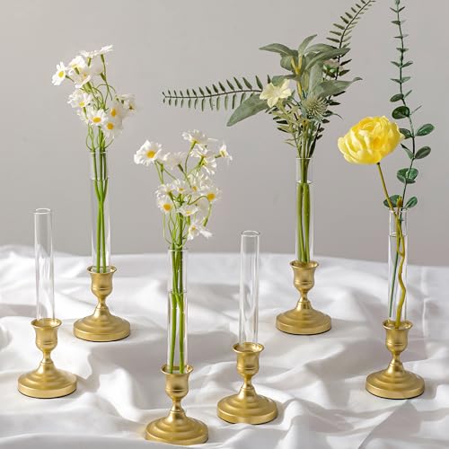 Bud Vases with Candlestick Holders: Set of 6 Clear Glass Vase with Silicon Sleeve for 0.87" Taper Candle Holder - Flower Vases for Centerpieces Wedding Table Party Decor - size: 6 PCs