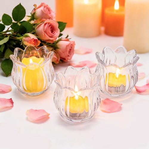 Elsjoy Set of 12 Tulip Glass Votive Candle Holders, Decorative Tea Light Candle Holders, Clear Glass Flower Tealight Candle Holder for Table Centerpieces, Wedding Decor