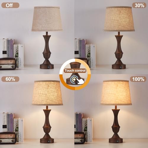 Luvkczc Touch Table Lamps Set of 2, 22" Tall Bedside Lamps with USB C+A Ports, Dimmable Table Lamp, Nightstand Lamps for Bedroom, Living Room, Office, Brown Lamps with Beige Lampshade, Bulbs Included - color: Brown, size: 22in