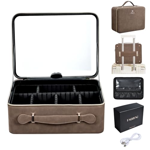 Faquenc Makeup Case with LED Lighted Mirror 11.4 Inch Travel Makeup Bag Adjustable Brightness in 3 Colors Cosmetic Organizer Artist Storage Bag with Dividers Brush Holder Bag Vanity Grey - color: WA-Vintage Brown 11.4 Inch, size: 2-Medium
