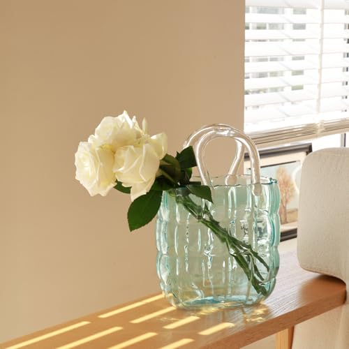 Glass vase - 10.6 inch Handbag-Shaped Woven vase That can be Filled with Water to Serve as a Fish Tank. Customized Gift Box Packaging is Available- Blue - color: Bulging Blue