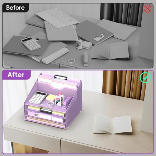 Desk File Organizer, Paper Organizer with 4 Letter Trays and 2 Vertical Upright Sections, Desk Organizers and Accessories for Office, School, Home (Purple) - color: Purple