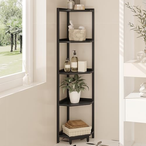 Hzuaneri Corner Shelf Stand, Corner Bookshelf, Storage Standing Shelf Unit with Metal Frame, Plant Stand, Bookcase for Living Room, Home Office, Bedroom, 5-Tier Black CS05906B - color: Black, size: 5 Tier