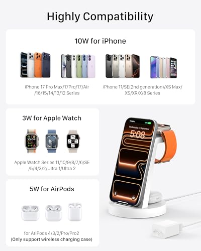 Anlmz 3 in 1 Charging Station for iPhone - Wireless Charger for Apple Products Multiple Devices - Charging Dock Stand for AirPods (for iPhone 17 16e 16 15 14 13 pro 12 11 X Max) - color: White
