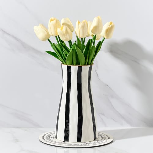 SIDUCAL Elegant Black and White Striped Ceramic Vase – Modern Home Décor Flower Vase for Living Room, Office, Dining Room, Shelf, Entryway, Wedding, Table - color: Black and White Stripes