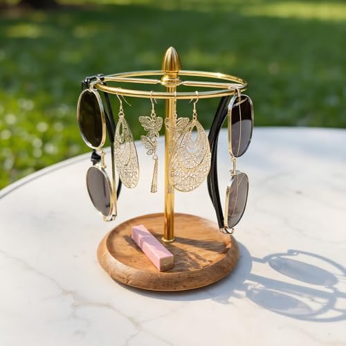 Glasses Stand for 12 Pairs, Sunglasses Organizer Rack, 2-in-1 Eyewear Display & Jewelry Tray Base for Entryway Vanity Nightstand, Modern Home Dresser Decor (Wood+Gold) - color: Wood+Gold