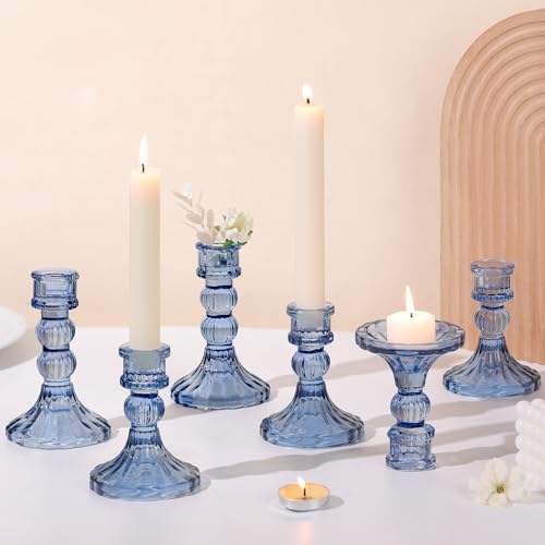 DARJEN 6Pcs Blue Candlestick Holders Set - 4" H & 5" H Striped Taper Candle Holders Bulk, Glass Candle Holders for Wedding, Festival, Party, Table Centerpiece, Gifts - color: Blue, size: Striped Pattern