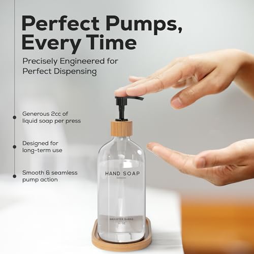 Clear Glass Soap and Lotion Dispenser Set with Tray by Brighter Barns - Hand Soap Dispenser Bathroom Set - Liquid Soap Dispenser and BPA-Free Pump - Neutral Home Decor & Modern Bathroom Accessories - color: Clear Sl