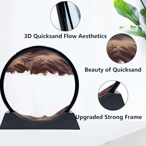 Moving Sand Art Liquid Motion, 3D Deep Sea Sandscape Color Quicksand Decor, Round Glass Moving Sand Art Picture Relaxing Desktop Home Office Work Decor (12 inch-Coffee) - color: Coffee, size: 12 Inch
