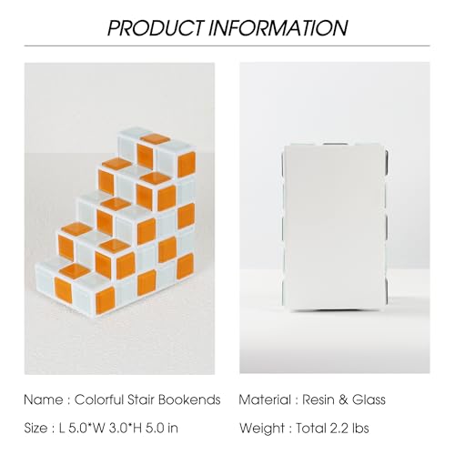 Decorative Bookends for Shelves - Stair Book Ends for Heavy Books - Unique Book Stopper & Holder for Shelves - Modern Home Decor Aesthetic Bookshelf Decor (Orange & White) - color: Orange & White