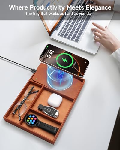 Valet Tray, Built in Wireless Charging Pad, Nightstand Organizer, Two-Toned Premium Vegan Leather Desk Bedside Caddy Organizer Tray for Keys, Watch, Wallet,Jewelry (Brown Patchwork) - color: Brown Patchwork