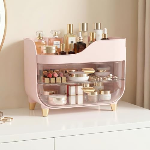 Makeup Organizer for Vanity with Large Smooth Drawers Extra Large Skincare Organizer for Bathroom Countertop and Dresser, Crystal Clear Cosmetic Storage Display Case for Beauty Products - color: Pink
