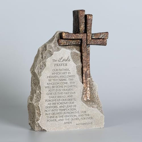 The Lord's Prayer Stone Decor with Bronze Color Cross, 9.4 inches, Religious Table Decoration for Home Office - color: Gray