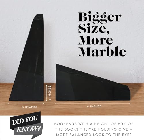 Ottimo Premium Polished Stone Marble 6" Book Ends for Bookshelf Decor, Home, Office or Kitchen Shelves. Heavy, Triangular, and Decorative Book Stopper with Anti-Slip Pads, Great Gift Idea (Black) - color: Midnight Black