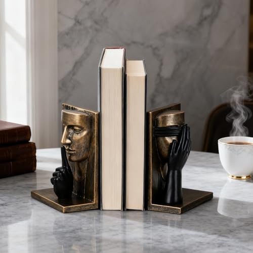 Novelty Book Stopper - Face Sculpture Decorative Bookends,Modern Abstract Art Book Ends for Heavy Books,Shelves, Home Office Decor Aesthetic,Unique Bookshelf Accessories(Brass-Look Bookends) - color: A-vintage Gold