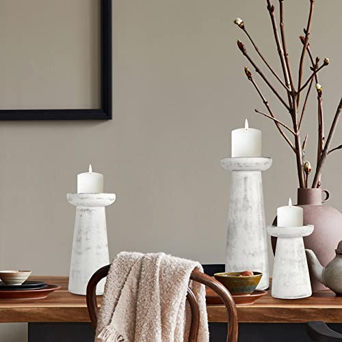 Hand Crafted Wooden Pillar Candle Holder Set of 3, Ideal for LED and Pillar Candle, Gift for Wedding, Christmas, Party, Home, Spa, Reiki, Aromatherapy,Votive Candle Gardens, 10,8,6 Inch, Antique White - color: Antique White, size: 10,8,6 Inch Set of 3 - P