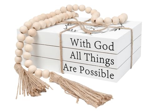 Decorative Books for Home Decor, Faux Books for Decoration, Rustic Farmhouse Decor, Fake Books with 52in Wood Beads Garland, Book Decor for Living Room Coffee Table (Blessed) - color: Blessed