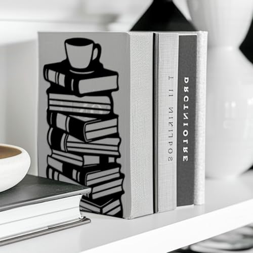 Peacoblue Metal Bookends for Shelves, Modern Decorative Heavy Duty Study Book Ends Stoppers for Office, Desk, Shelf, Room 5.3"x4.3"x7.9" Cast Iron Simple Tall Bookends 1 Pair (Book Stacks and Teacup) - style: Book Stacks and Teacup