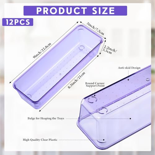 Maitys 12 Pcs Clear Drawer Organizer 9 x 3 x 2 Inches Plastic Rectangle Trays Makeup Vanity Storage Bins and Kitchen Drawers Dividers for Office Desk Silverware Kitchen Utensils(Purple) - color: Purple, size: 9 x 3 x 2 Inches
