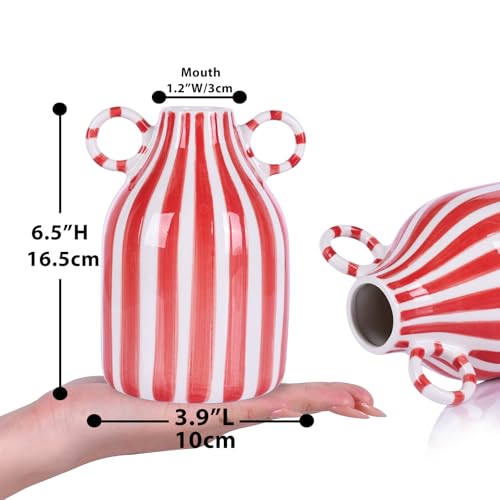 Ceramic Red and White Striped Vase with Handle, Modern Minimalist Christmas Accent Decor Home for Centerpieces for Tables, Kitchen Office, Bookshelf, Bedroom Aesthetic Decor (Red White) - color: Red White
