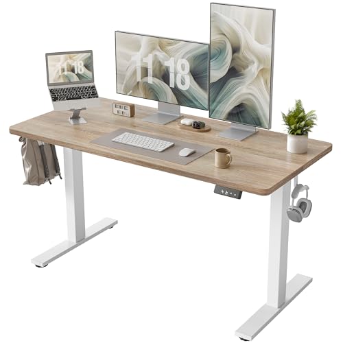 TIQLAB Height Adjustable Electric Standing Desk, 55 x 24 inch, Sit Stand Up Desk, Splice Board, Computer Home Office Desk, White Frame/Maple Top - color: Maple, size: 55*24 inch