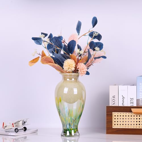 Hand Blown Glass Vase 11.8" Tall Beautiful Green Sea Wide Mouth Bud Vase for Table Centerpiece, Painted Colorful Murano Glass Flower Vases for - Home Entrance Wedding Center - color: Green