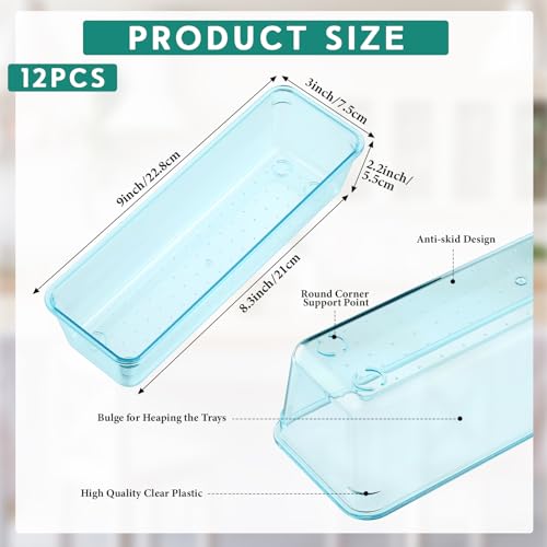 Maitys 12 Pcs Clear Drawer Organizer 9 x 3 x 2 Inches Plastic Rectangle Trays Makeup Vanity Storage Bins and Kitchen Drawers Dividers for Office Desk Silverware Kitchen Utensils(Blue) - color: Blue, size: 9 x 3 x 2 Inches