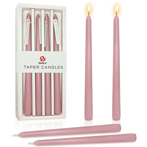 10 Inch Taper Candles Handmade Smokeless Set of 4 – Rose Scent Tapered Candles in Pink, Candle Sticks for Wedding, Home Decor, and Dinner Table - color: Pink