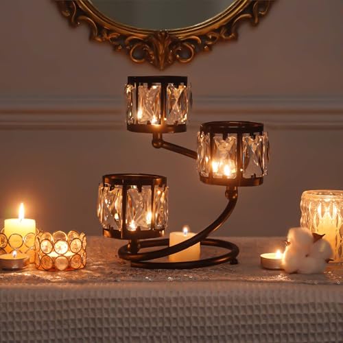Metal 3 Arm Crystal Candle Holder - Tea Light Centerpiece Candle Holder, Votive Holder with Sparkling Crystal Bowl, Suitable for Wedding, Table Centerpiece, Home Decor (1, 3 arm-Black) - size: 3 arm-Black